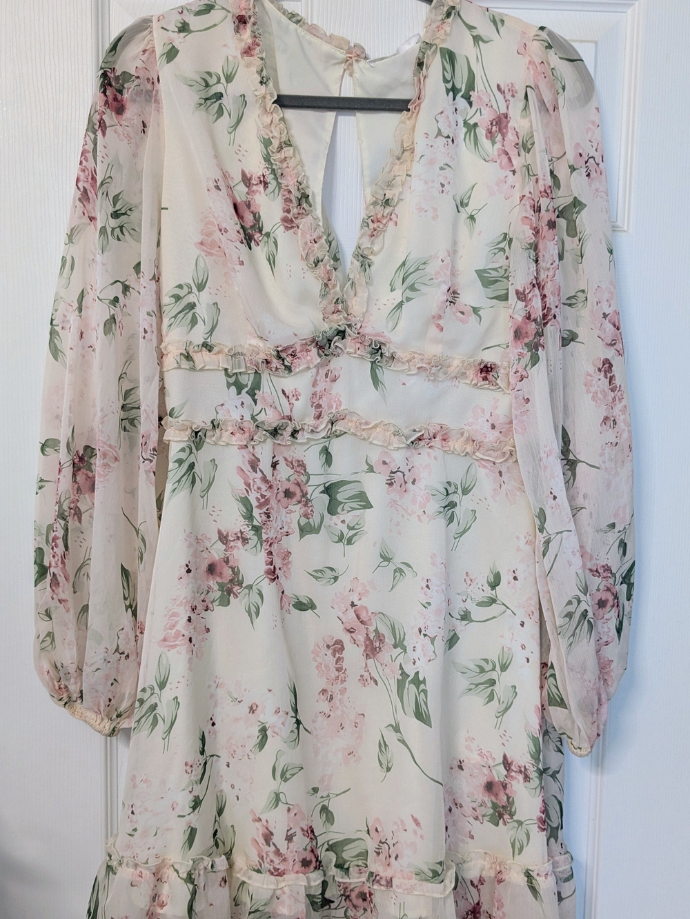 Cupshe Cream Floral Ruffle Chiffon Blouse with Pink Accents